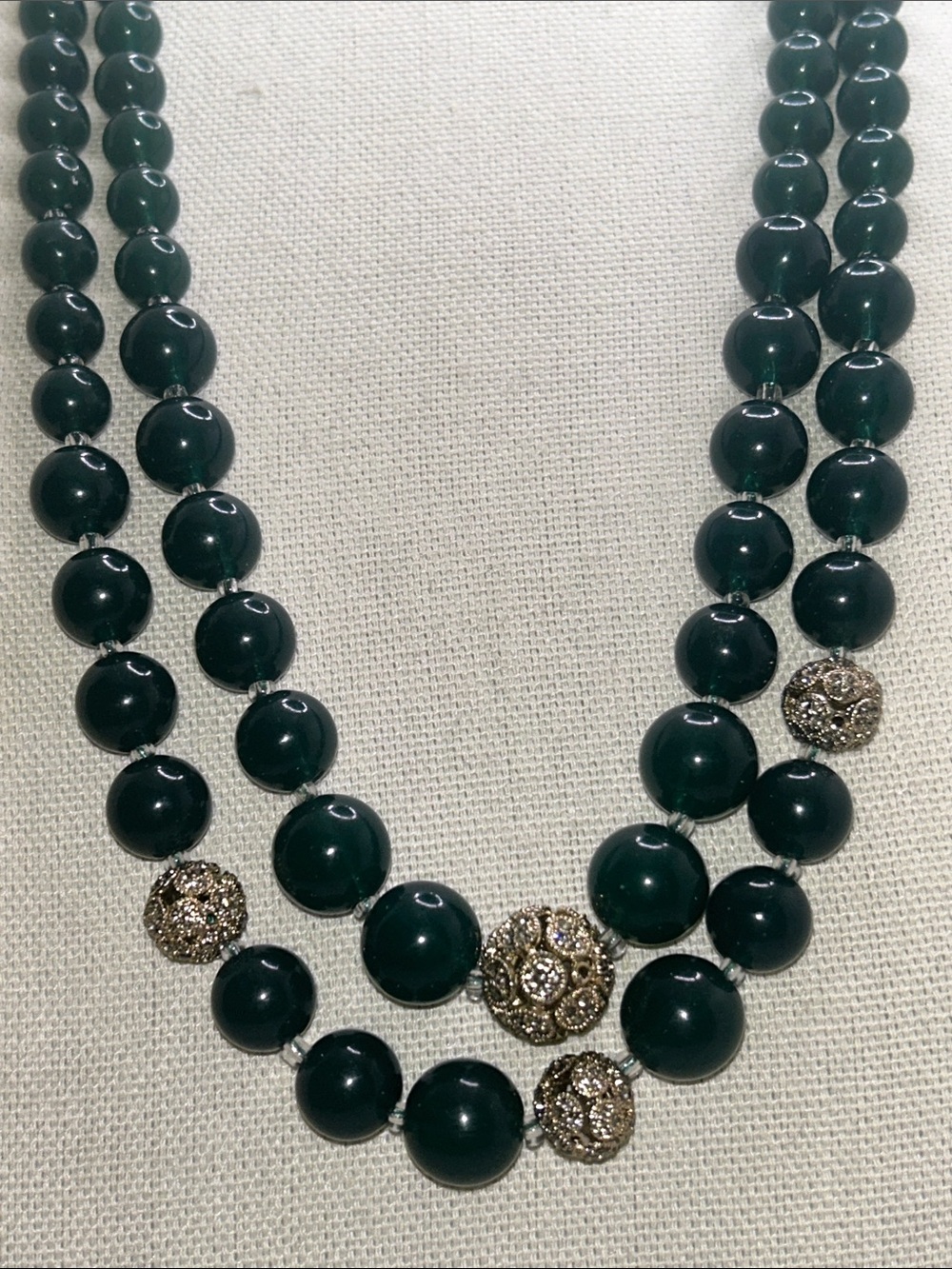 Talbots Vintage Green Beaded Necklace with Silver Rhinestone Accent Beads